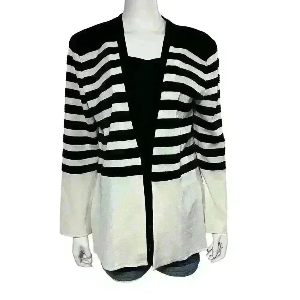 Misook Black and White Knit Open Cardigan Size Large